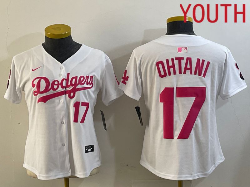 Youth Los Angeles Dodgers #17 Ohtani White pink Game 2024 Nike MLB Jersey style 4